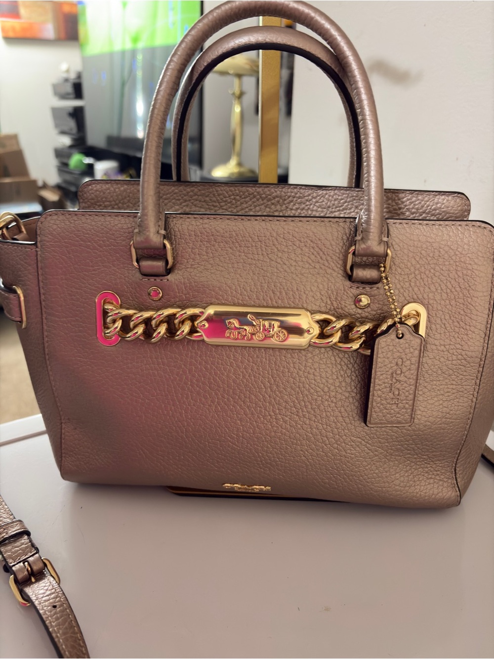 Coach Metallic Taupe Pebbled Leather Satchel with Gold Chain Detail
